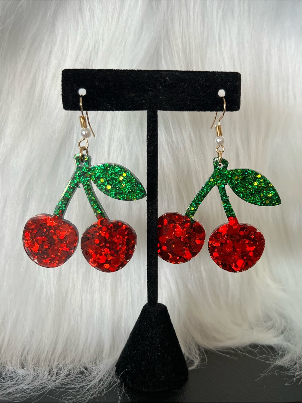 Glitter Cherry Dangle Earrings - Red & Green